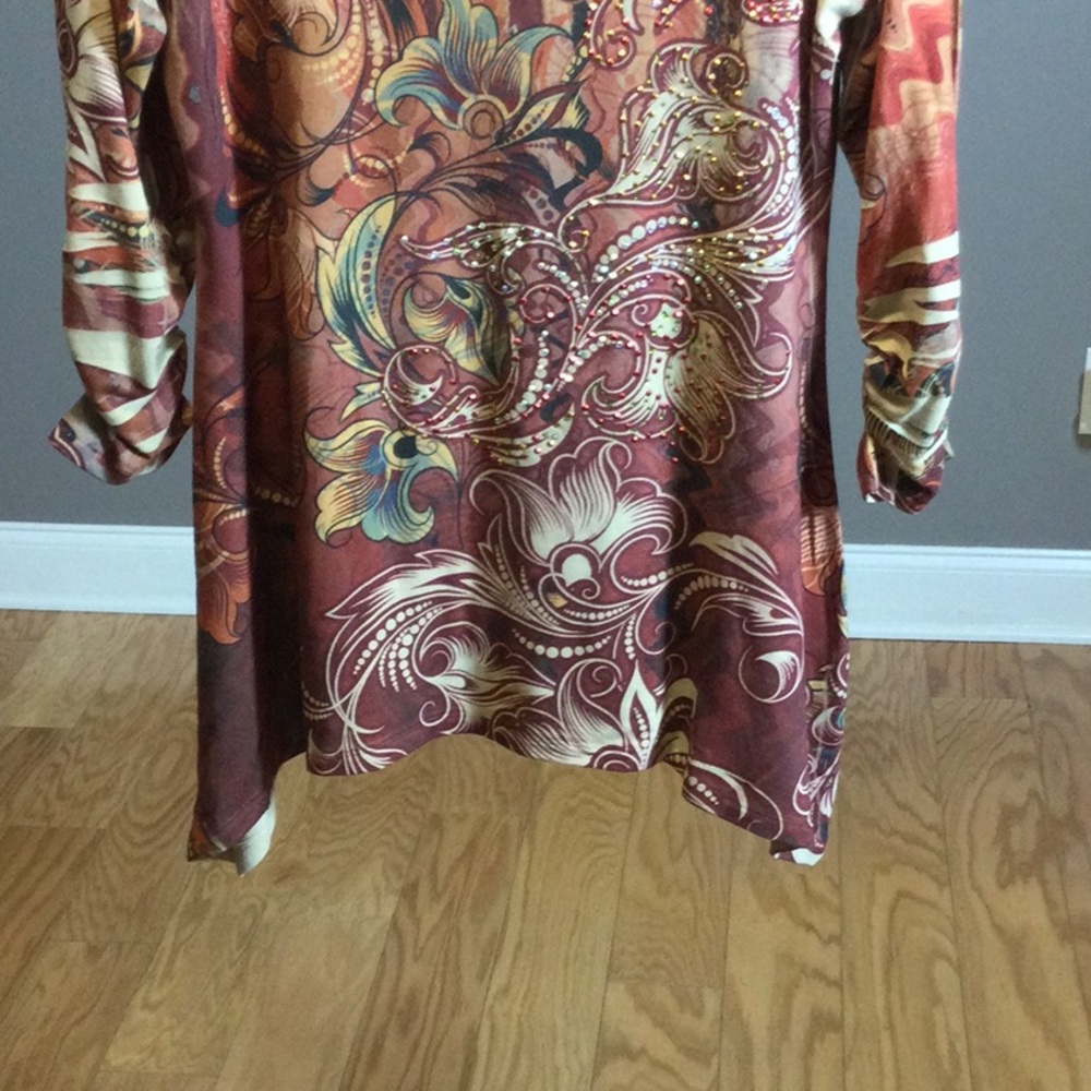 NWT L Roz & Ali Multicolor Floral-Print Long Sleeve Sharkbite Tunic - Rust - Picture 7 of 16